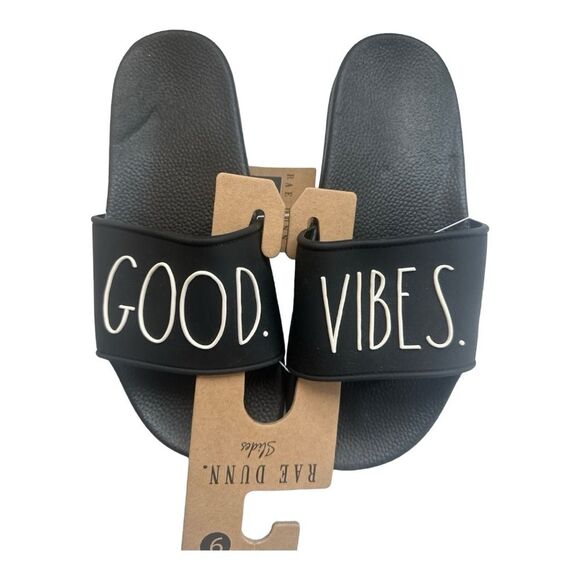 New Women's Rae Dunn Good Vibes Black Slides Size 8 - Picture 3 of 8